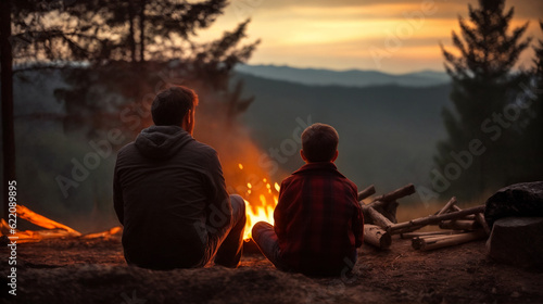 Father with son warm near campfire. Camping in the mountains. Generative AI