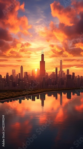 Horizonte de Chicago al atardecer. Reflejo de la ciudad en el agua y cielo con nubes naranjas. Generative AI