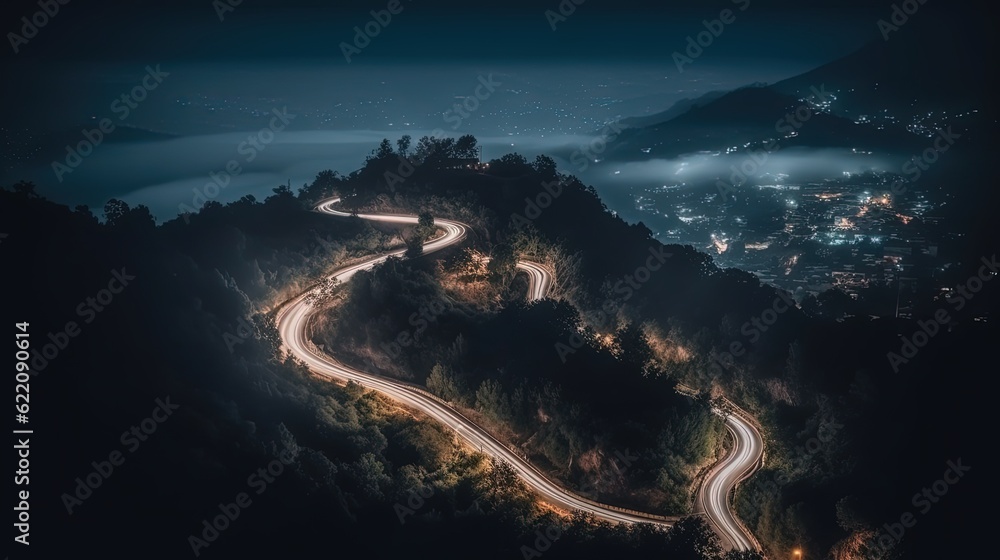 Bird's eye view of glowing road through hills. Generative AI
