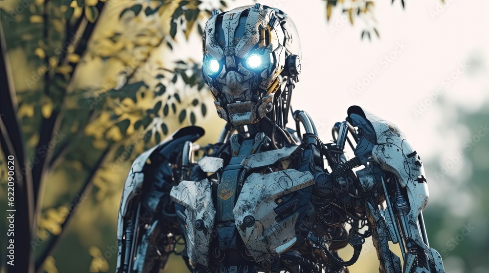 Big robot in forest. Robot with blue glowing eyes. Generative AI Big robot in forest. Robot with blue glowing eyes. Generative AI