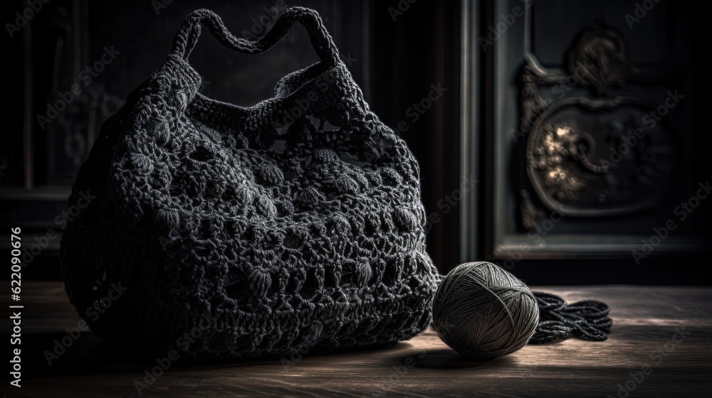 Black crochet bag. Generative AI - obrazy, fototapety, plakaty 