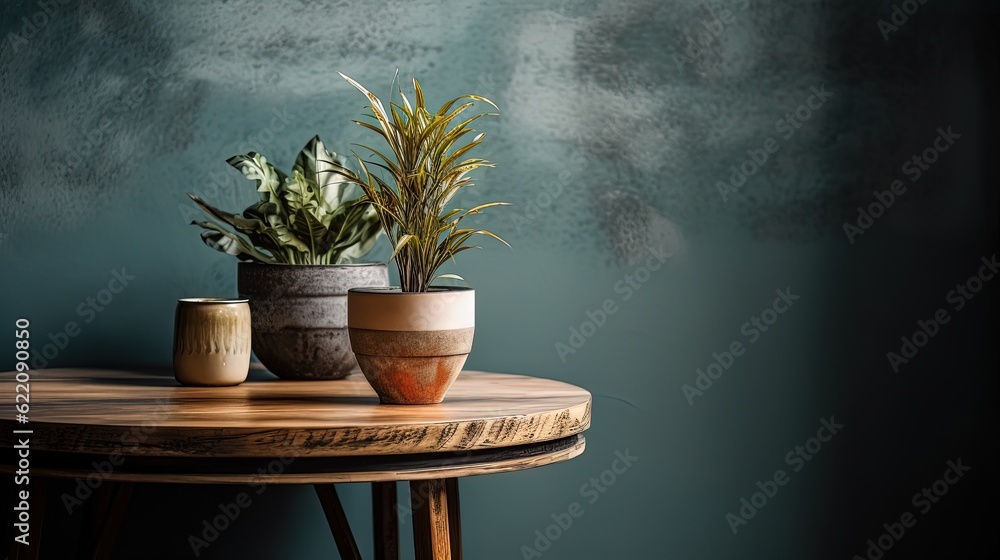 Wall, wooden table and plants in vase. Generative AI Wall, wooden table and plants in vase. Generative AI