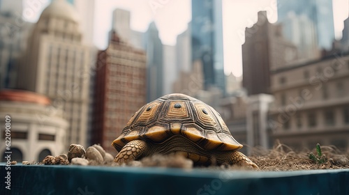 Turtle figurine. City background. Generative AI © Soulmate