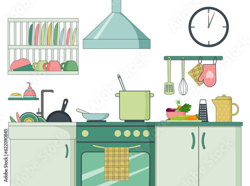 Kitchen interior with stove, cabinets and sink. Utensils for cooking, fresh vegetables. Vector flat linear illustration.