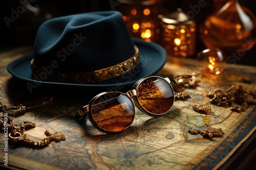 The Allure of the Unknown: Embarking on a Fascinating Journey with a Vintage Map, Old Compass, Glasses, and Explorer's Hat Generative AI
