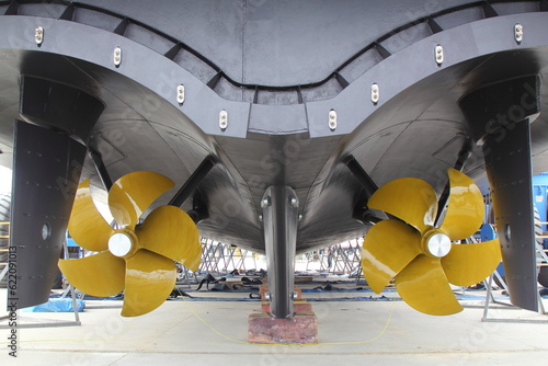 mega yacht propeller. View of large propeller on land of mega yacht ready to go to sea. photo