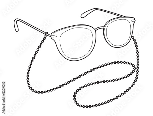 Round frame glasses with chain fashion accessory illustration. Sunglass 3-4 view for Men, women, silhouette style, flat rim spectacles eyeglasses with lens sketch outline isolated on white background