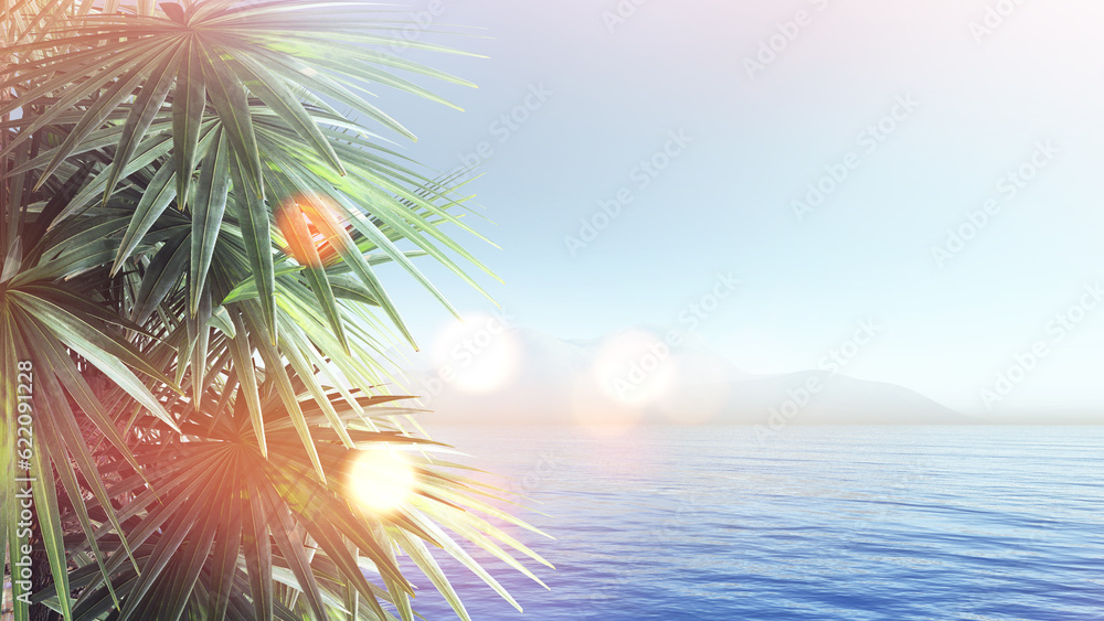 3D render of palm trees against the ocean with retro effect