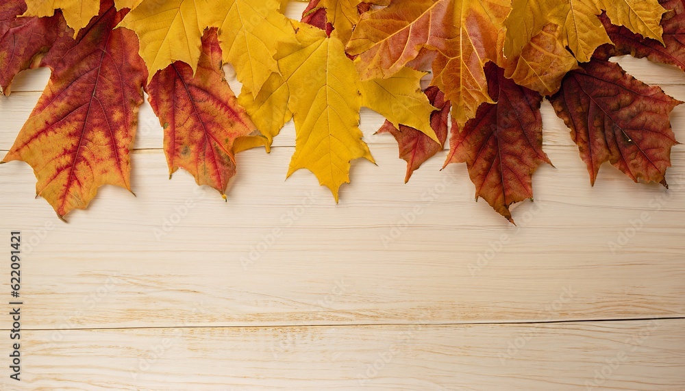 Autumn background, autumn leaves on a wooden background, Generative AI