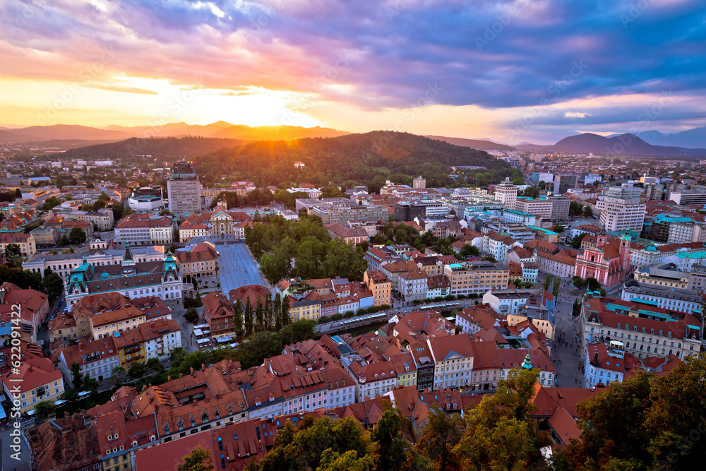 Sunset above Ljubljana aerial view, capital of Slovenia