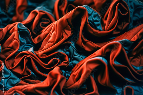 Generative AI image of top view of closeup of abstract fractal design of red and blue fabric drape background material in full frame with wrinkles and folds