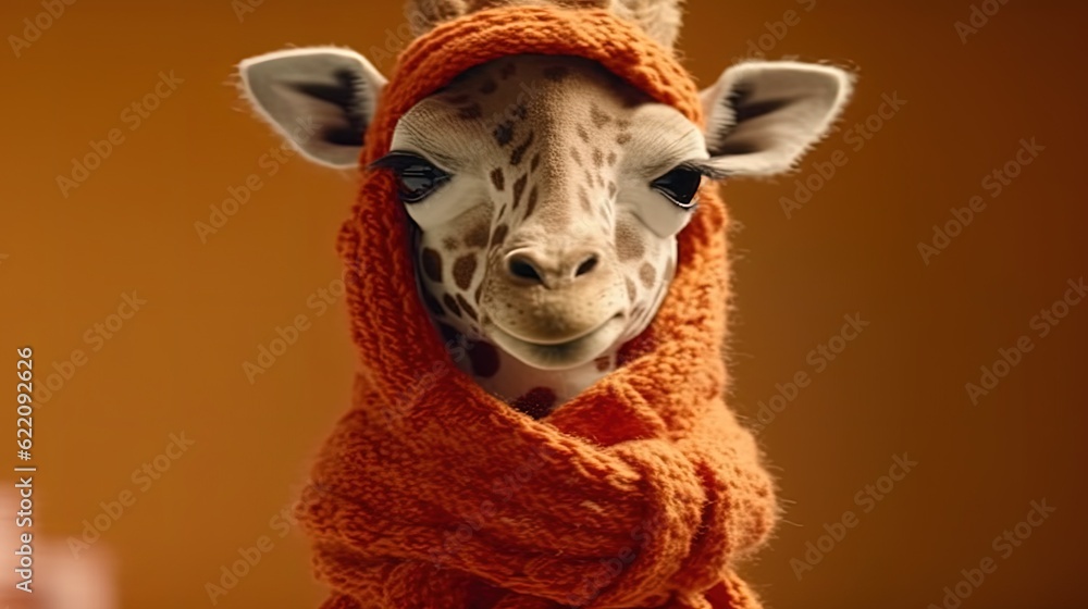 Giraffe wearing scarf. Close-up giraffe head with scarf. Orange background. Generative AI