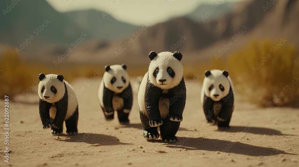 Obraz premium Group of little pandas walking. Generative AI
