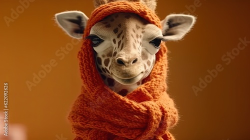 Giraffe wearing scarf. Close-up giraffe head with scarf. Orange background. Generative AI © Soulmate