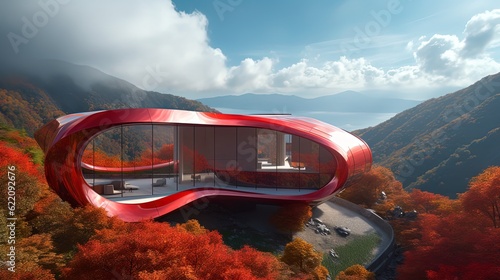 Futuristic red glass villa high in mountains. Generative AI