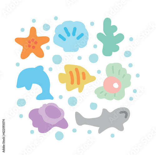A set of cute hand-drawn illustration with the concept of summer sea. Whales, fish, seaweed, starfish, shells, pearls, coral.