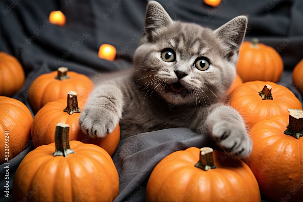 Funny scared cat among small jack-o'-lantern pumpkins Funny scared cat among small jack-o'-lantern pumpkins