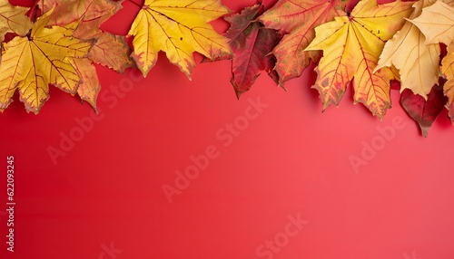 Autumn background, autumn leaves on a red background, Generative AI