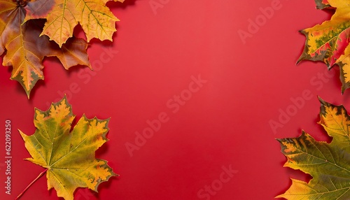 Autumn background, autumn leaves on a red background, Generative AI