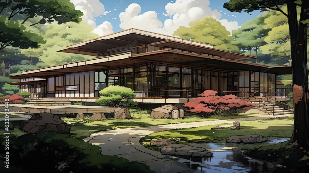 Pavilion in the park. AI generated art illustration.