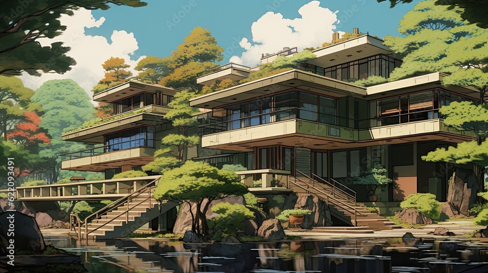Pavilion in the park. AI generated art illustration. Pavilion in the park. AI generated art illustration.