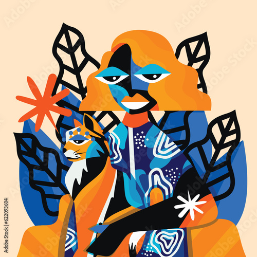 Girl And Cat vector Illustration