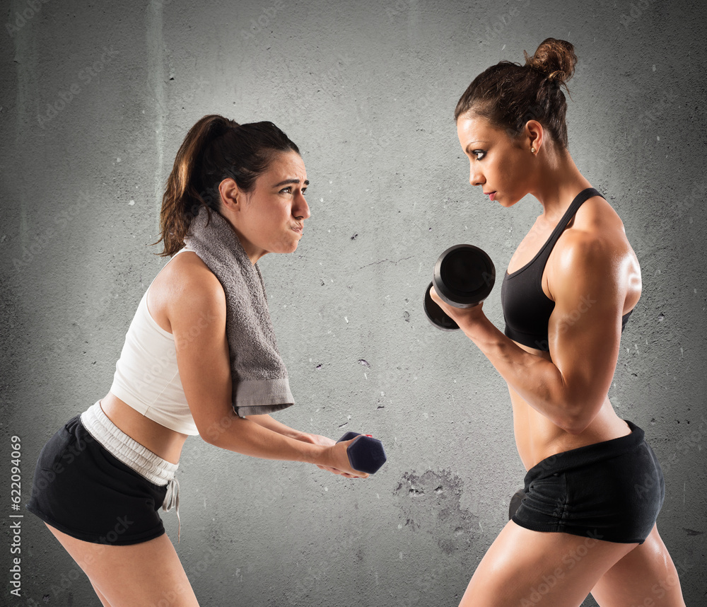 Muscular girl trains with a clumsy girl Muscular girl trains with a clumsy girl