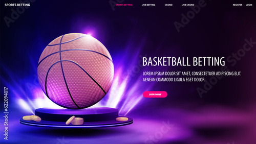Basketball betting, web banner with basketball ball on podium with lighting of spotlights. Sport betting poster