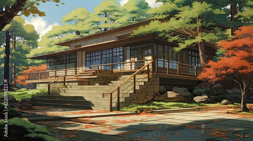 Pavilion in the park. AI generated art illustration.