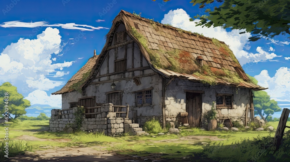 Church in the village of the country. AI generated art illustration.