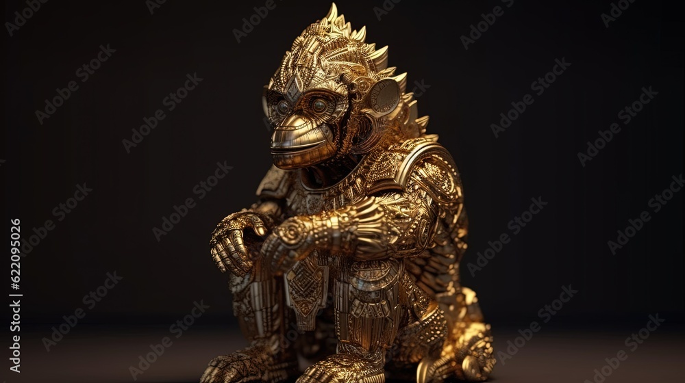 Golden gorilla statue. Gold metal monkey figurine. Generative AI