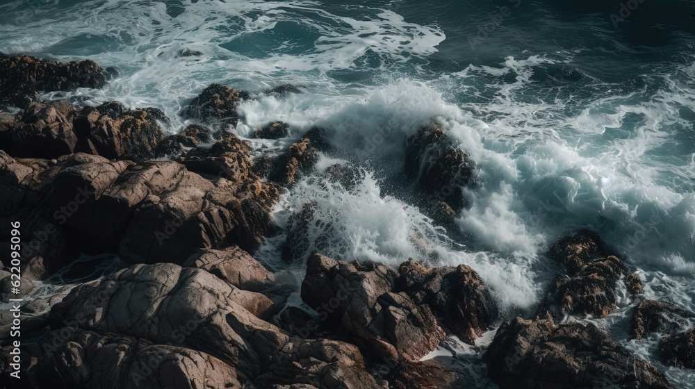 Waves on the rocks. Aerial view. Generative AI