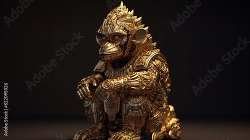Golden gorilla statue. Gold metal monkey figurine. Generative AI