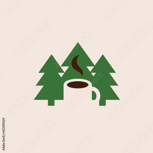 coffee cup in negative space of pine trees logo