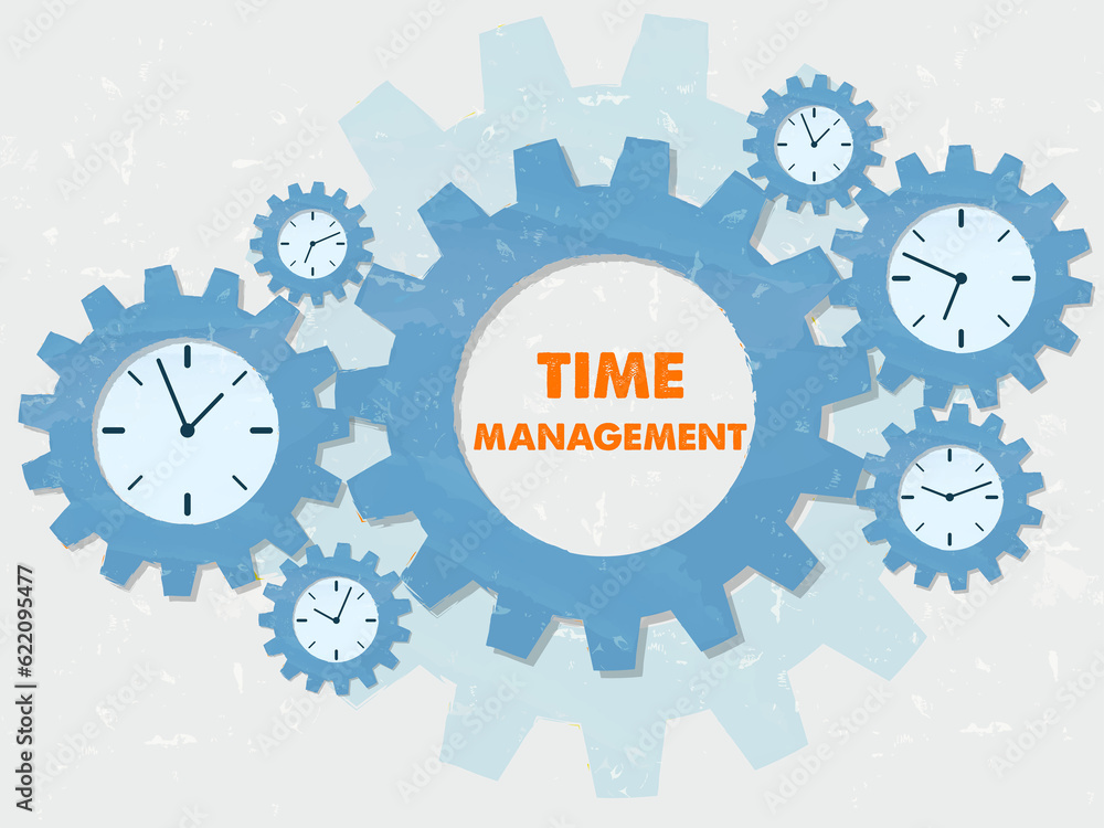 time management with clock signs - business organizing concept words and symbols - red text in blue grunge flat design gear wheels time management with clock signs - business organizing concept words and symbols - red text in blue grunge flat design gear wheels