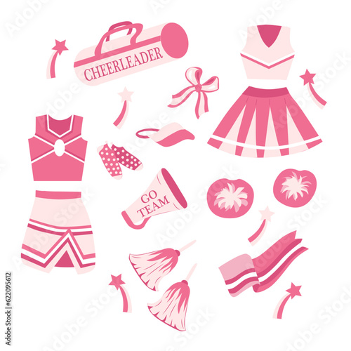 Set of cheerleading elements,  banner, poster, vector illustration. Support football team. Megaphone, pompom, cheerleding uniform. 