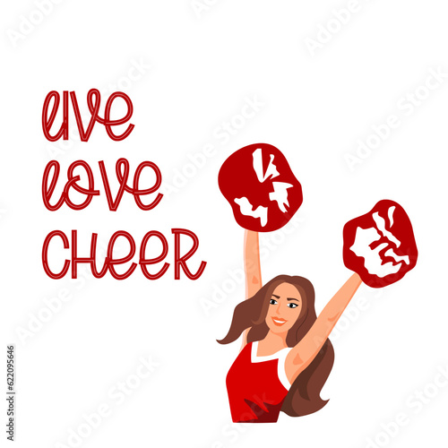 Live love cheer . Cheerleader girl with red pompoms dancing to support football team during competition. Graphic design cheerleading lettering.