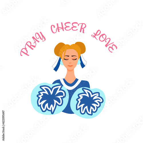 Pray cheer love. Cheerleader girl with pompoms. Graphic design cheerleading lettering.