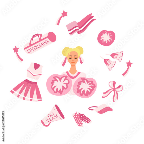 Cheerleading poster. Girl with pompoms and other sport elements. High school cheerleading costume. 