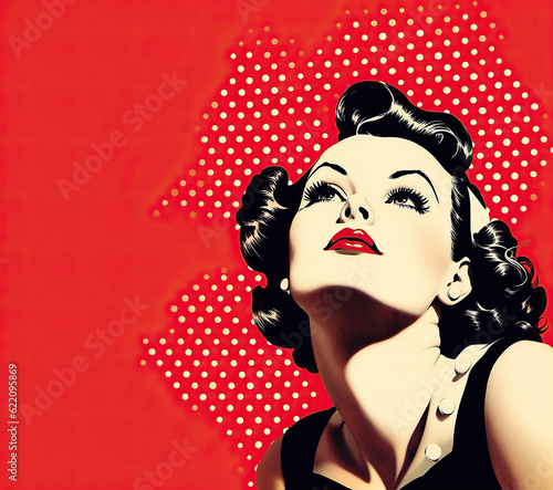 Pretty pin up young woman. 50s style retro poster graphic with red background. Generative AI