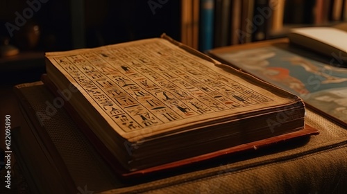 Ancient Egyptian book with hieroglyphs. Close-up. Generative AI