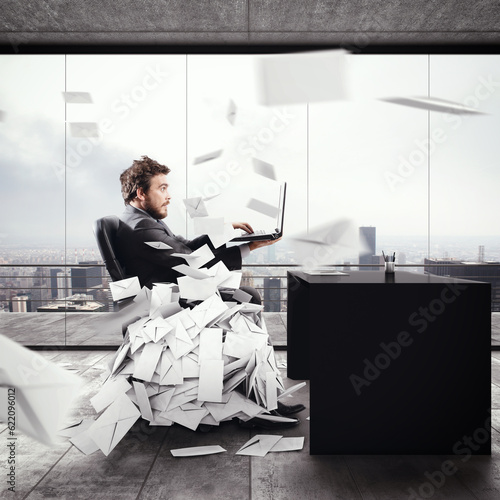 Fotografie Desperate man in office for too many e-mail. 3D Rendering