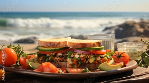 Delicious sandwich on a plate, beach setting