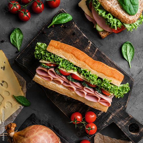 Delicious baguette sandwich with ham, bacon, cheese, lettuce, tomatoes, sausage, gammon on cutting board with herb and spices over on dark background. Meat food, top view, flat lay, toning