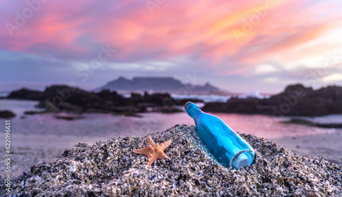 Captivating Beach Scene with Message-in-a-Bottle - Surreal Serenity, Hidden Messages, Coastal Beauty. Table Mountain, Cape Town, South Africa