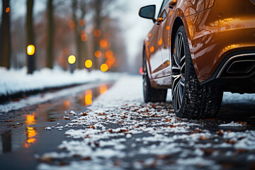 The tires of a car on a snowy road in winter