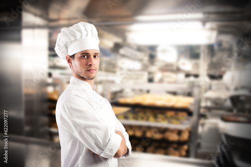 Chef with hat and apron in a kitchen of a restaurant