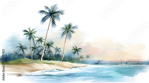 Holiday summer travel vacation illustration - Watercolor painting of palms, palm tree on teh beach with ocean sea, design for logo or t shirt, isolated on white background 
