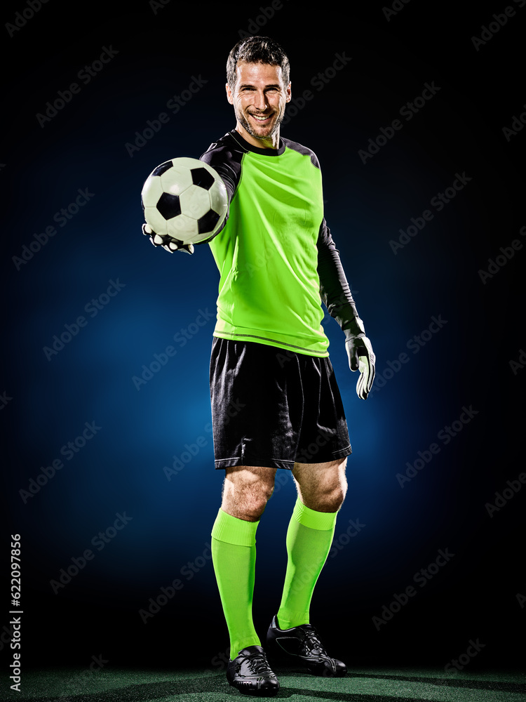 one caucasian goalkeeper soccer man isolated on black background