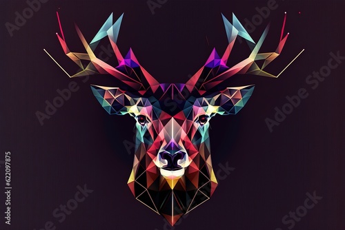 Colorful abstract deer. Geometric deer head. Black background. Generative AI